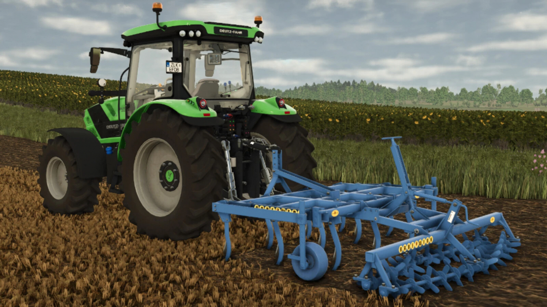 FS25 mod Rabe EG 3/9 v1.0.0.0 with green tractor and blue plow on farmland