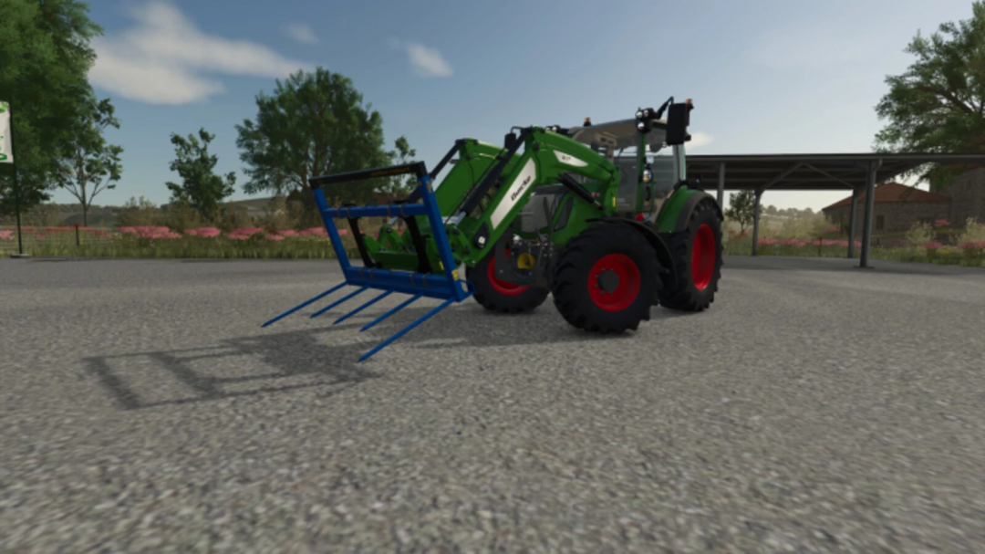 Robert FB160 mod in Farming Simulator 25 with a green tractor and blue fork attachment.