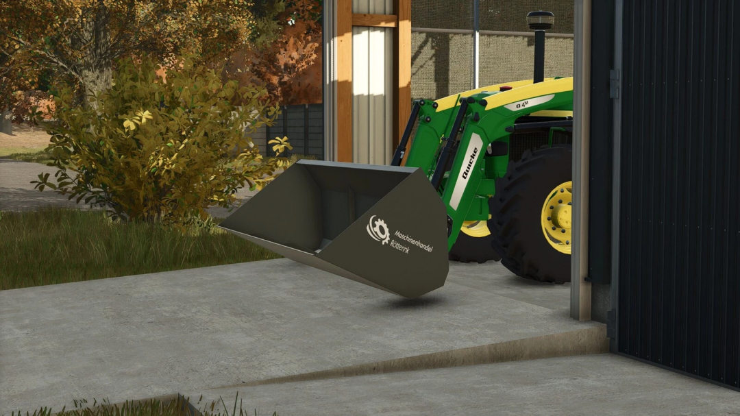 FS25 mod Roetterink Shovel Pack v1.0.0.0 showing a shovel attachment on a green tractor.