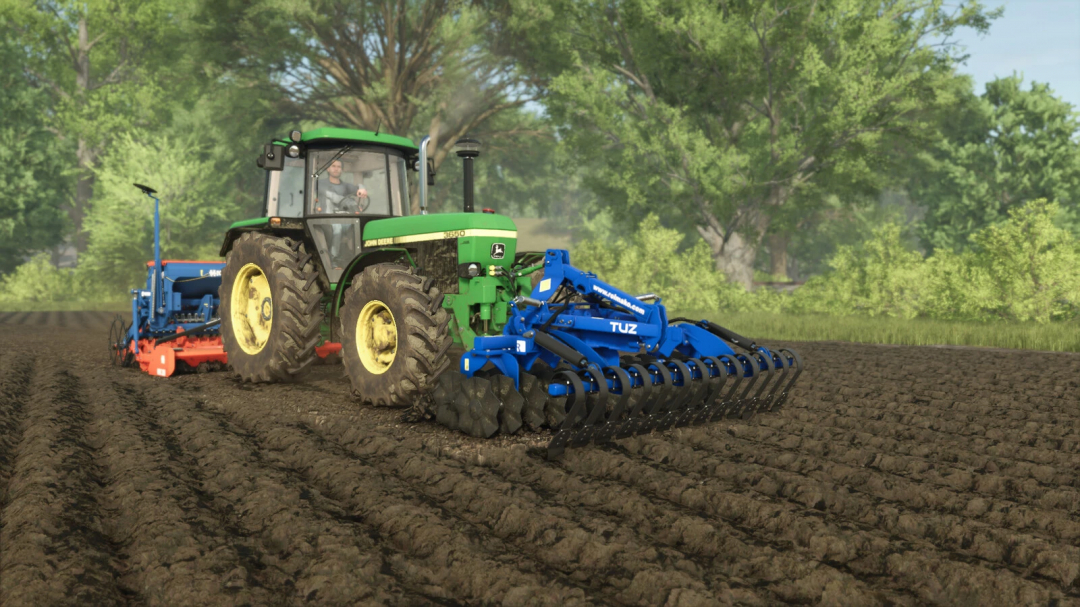 Farming Simulator 25 with Rolmako Front Roller TwinDisc mod in action, showcasing a tractor working on plowed soil.