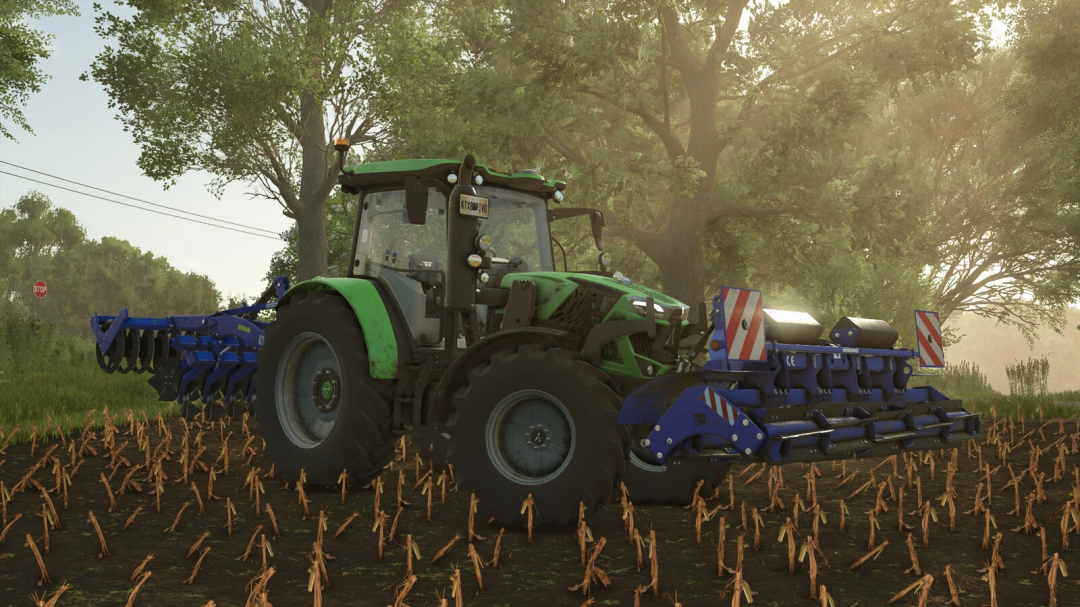 Farming Simulator 25 mod: Rolmako ProCut v1.0.0.0 showing a green tractor with blue cultivator in a field.