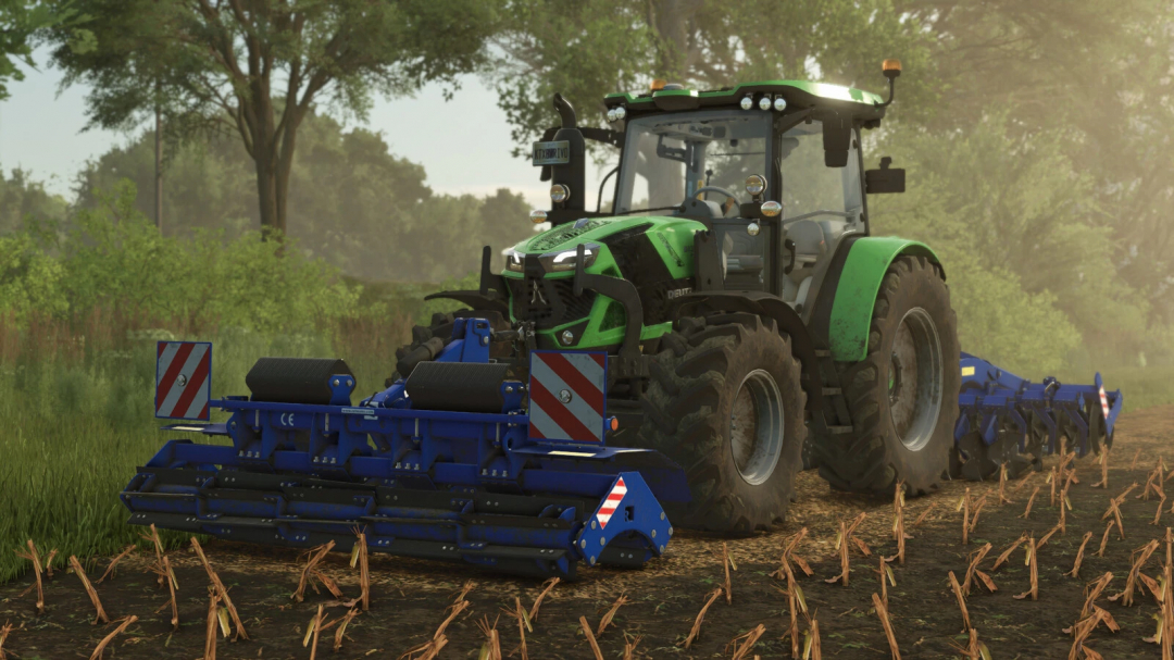 A green tractor with Rolmako ProCut mod in FS25 on a field.