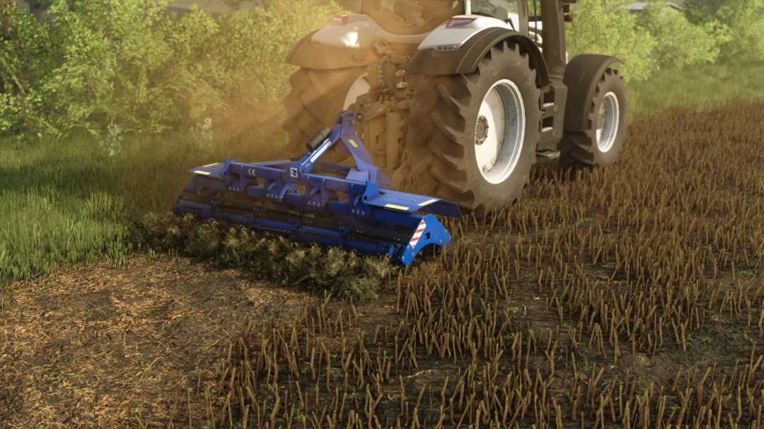 FS25 mod Rolmako ProCut v1.0.0.0 attached to a tractor, cultivating a field. Farming Simulator 25 mod.