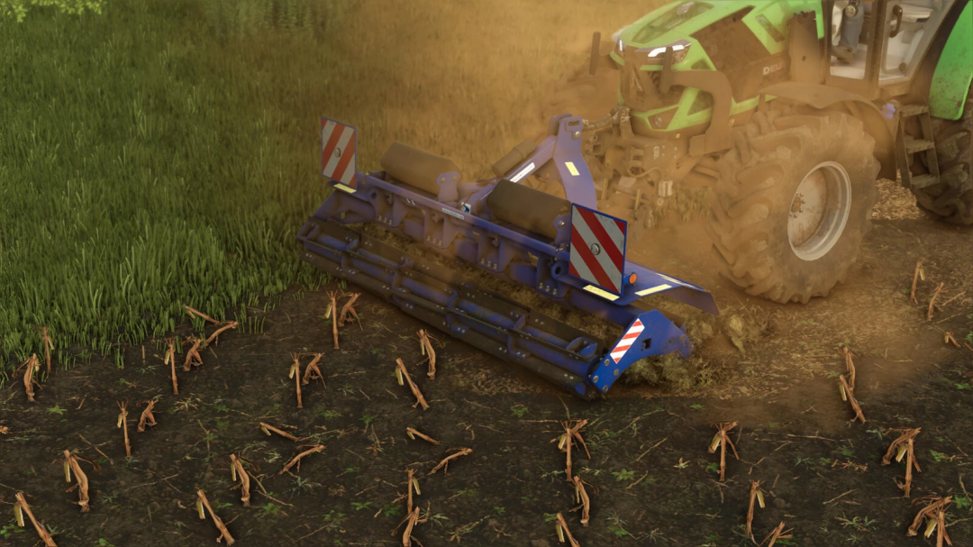 FS25 mod Rolmako ProCut v1.0.0.0 in action attached to a tractor, working the field.