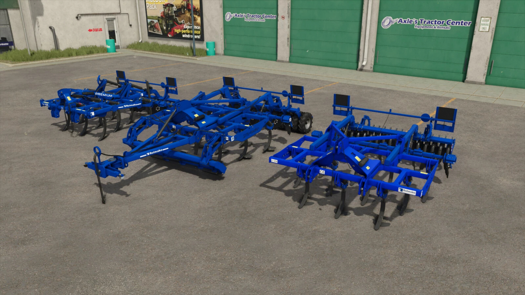 Rolmako U436 3m Pack v1.0.0.0 mods displayed in Farming Simulator 25, featuring blue agricultural equipment in a parking area.