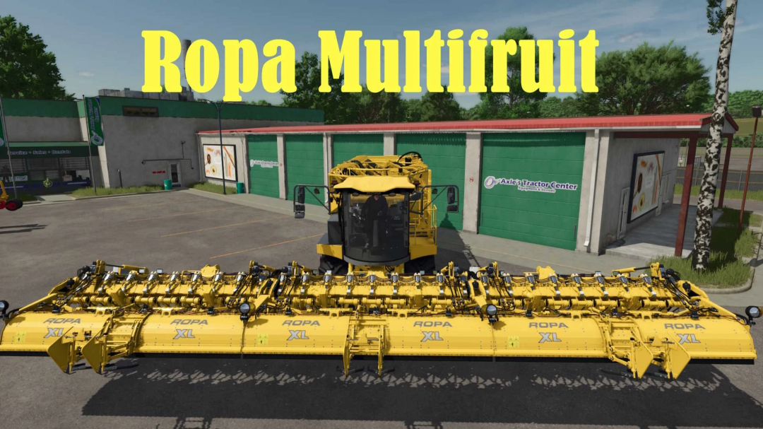 FS25 mod, Ropa Multifruit Custom v1.0.1.0, yellow harvesting machine in farmyard setting.