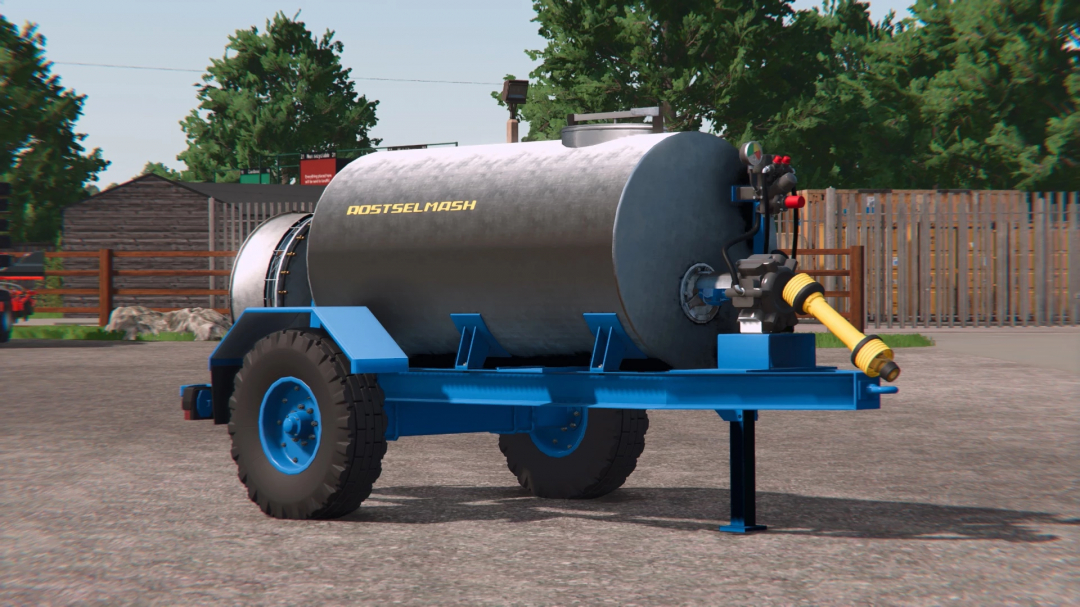 Rostselmash OPVS-2000 mod in FS25, showing a blue and silver tank trailer.