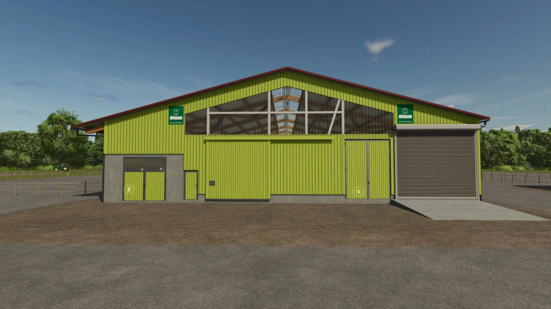 FS25 mod Rudolf Hörmann Pack with green warehouse building, color extended version.