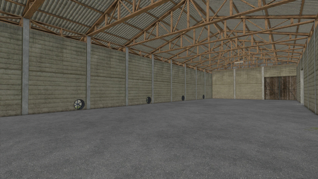 Interior view of a large wooden-framed hall from Salvage Halls Package mod in FS25.