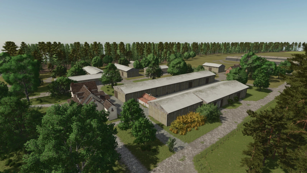 Aerial view of salvage halls package mod in Farming Simulator 25, featuring multiple buildings and lush trees.