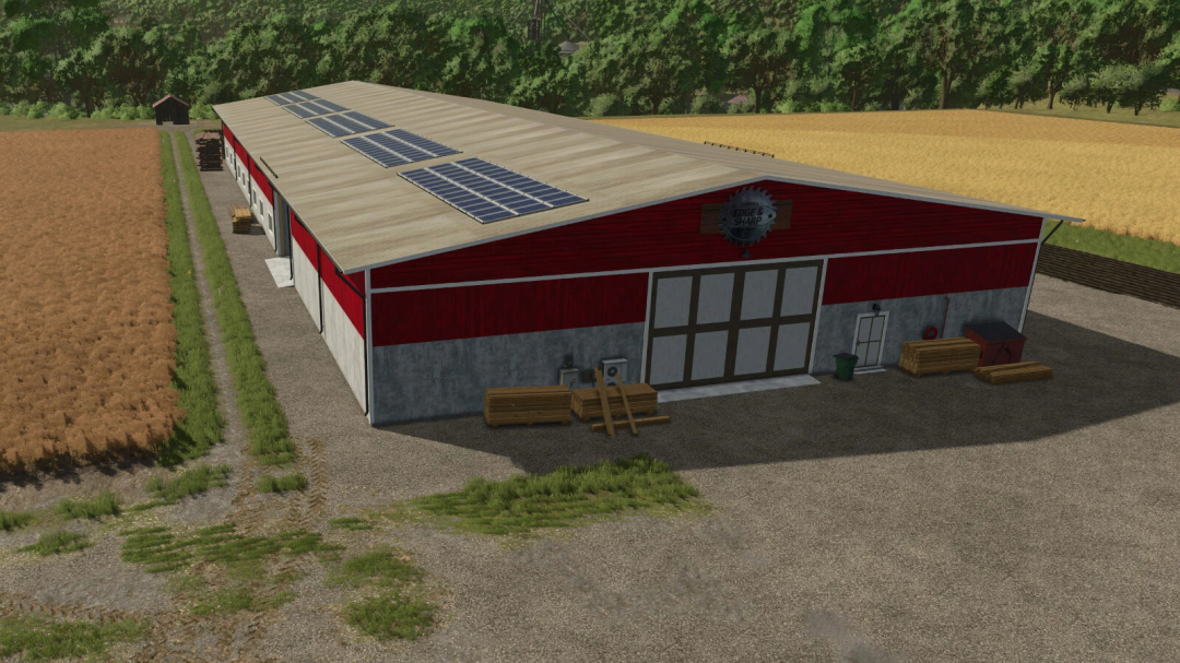 Sawmill v1.0.0.0 mod in Farming Simulator 25, featuring a large red building with solar panels and surrounding fields.