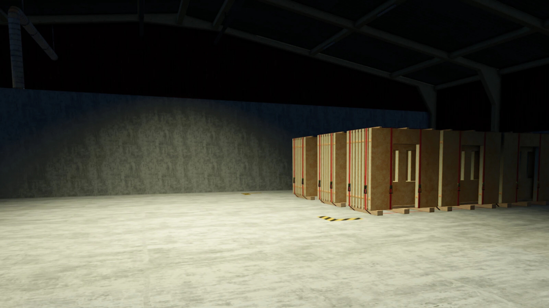 Interior of a sawmill in FS25 mod, Sawmill v1.0.0.0, showing stacked wooden pallets.