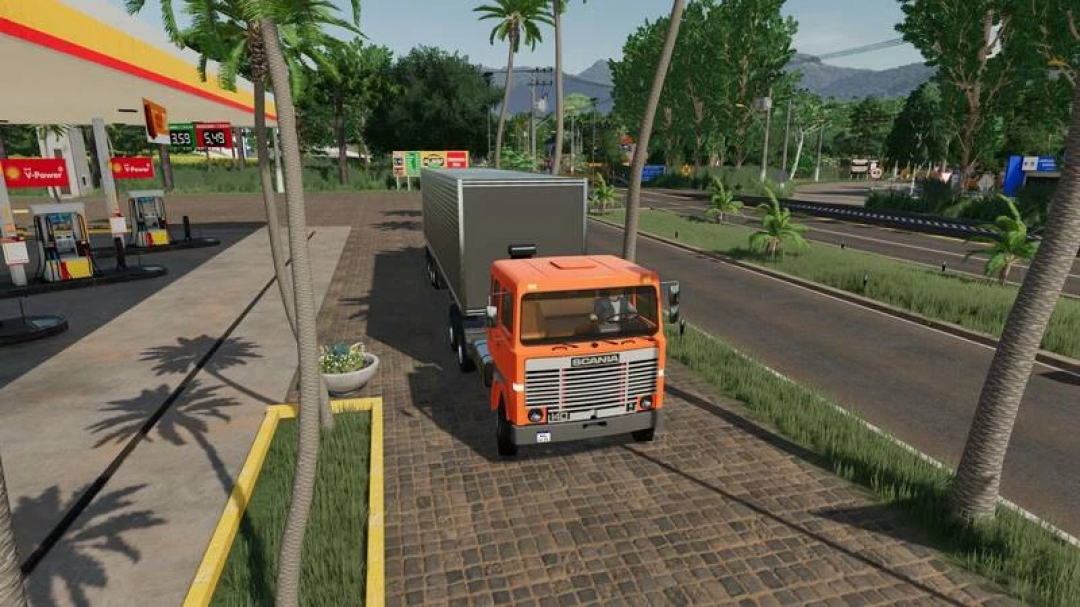 FS22 mod Scania LK140 Farias truck parked at a gas station in Farming Simulator 22.