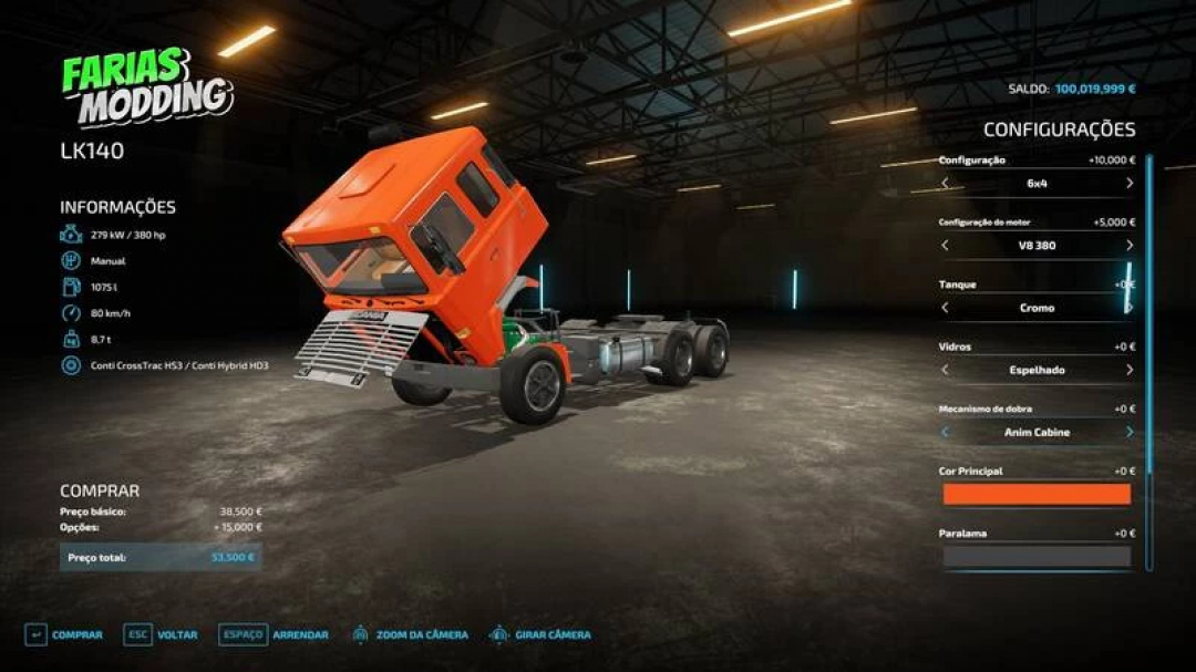 Scania LK140 Farias mod in FS22, showcasing a truck chassis customization with orange cab in a garage setting.