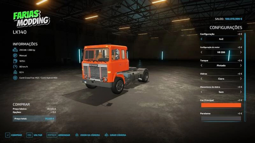 Scania LK140 Farias mod in FS22, showcasing an orange truck in a virtual garage with customization options displayed.