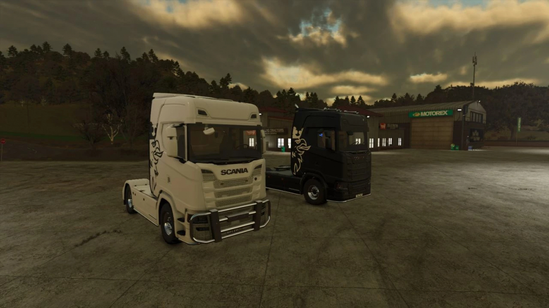 Scania S v1.0.0.0 trucks in FS25 mod, showcasing white and black models in a rural setting.