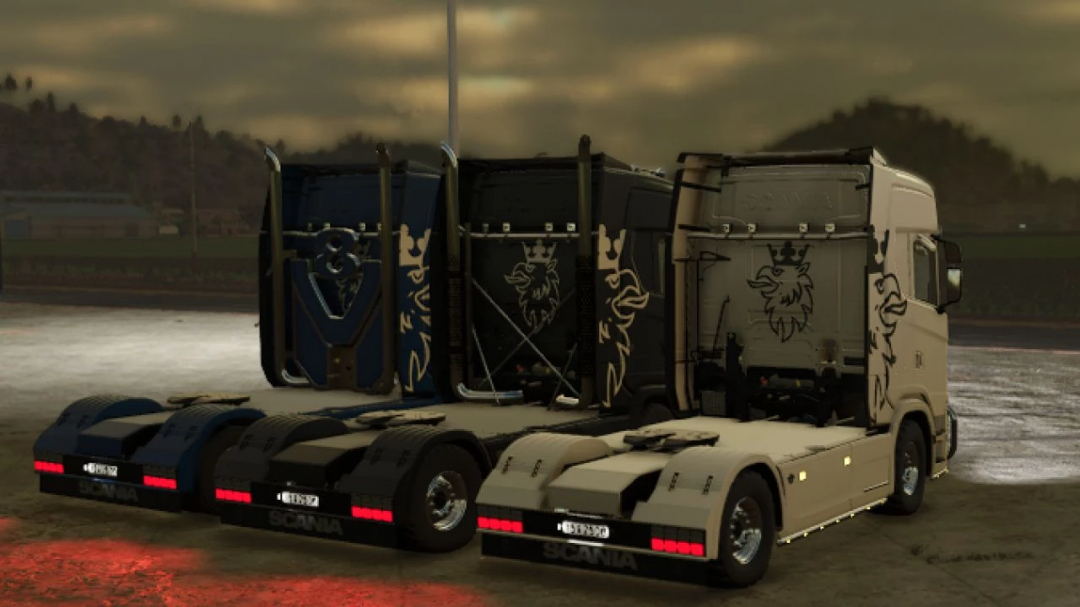 FS25 mods Scania S v1.0.0.0 featuring three customized trucks with unique decals in Farming Simulator 25.