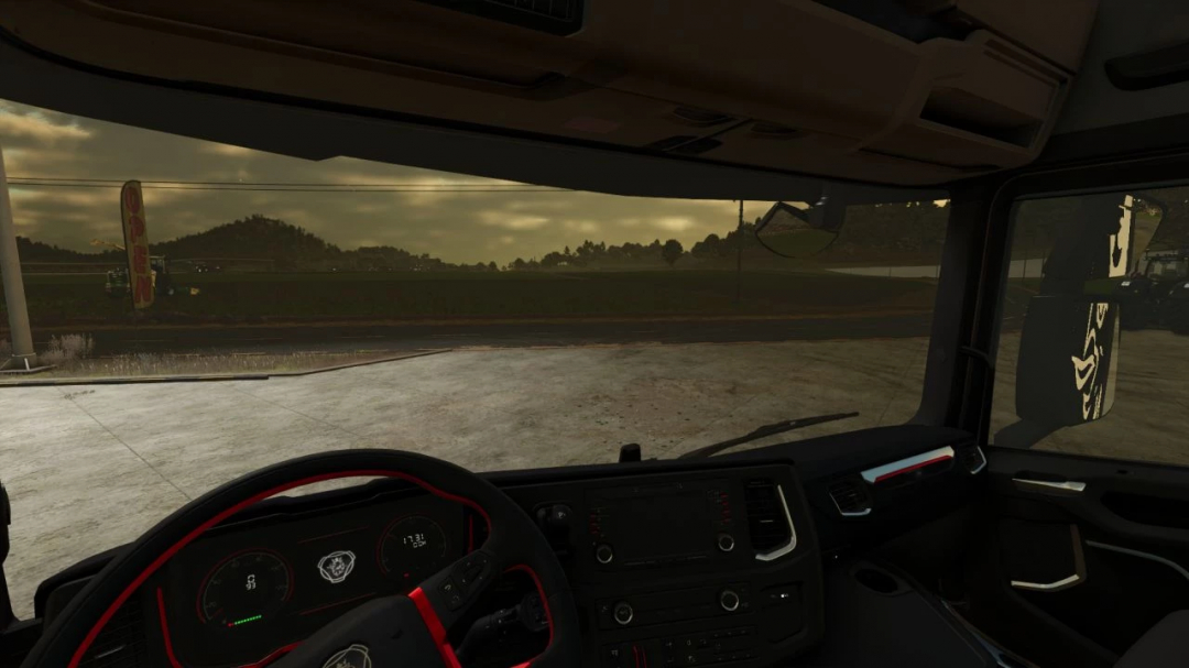 Interior view of Scania S truck mod in Farming Simulator 25, showcasing the detailed dashboard and outside scenery.