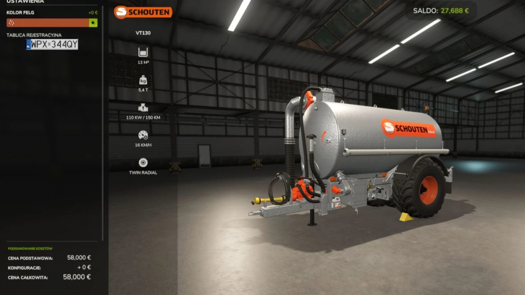 Schouten IDEAL SPIDER v1.0.1.0 mod in FS25, showcasing a slurry tank in a virtual garage.