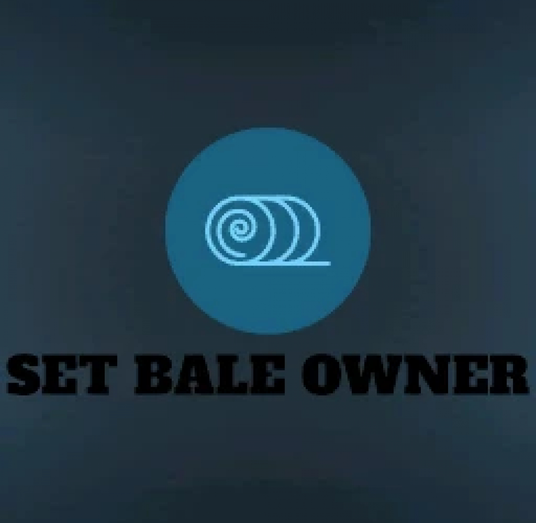 FS25 mod Set Bale Owner v1.0.0.0 logo with blue bale icon on dark background.