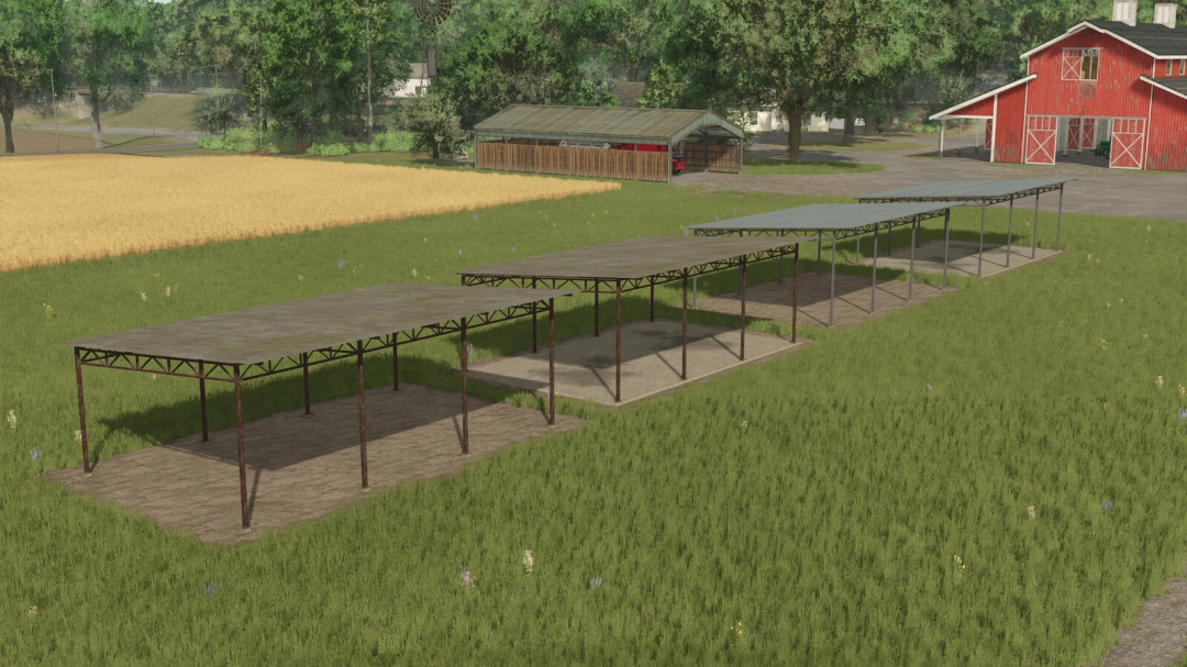 FS25 mods: Shed Package v1.0.0.0 featuring multiple sheds on grassy farmland in Farming Simulator 25.