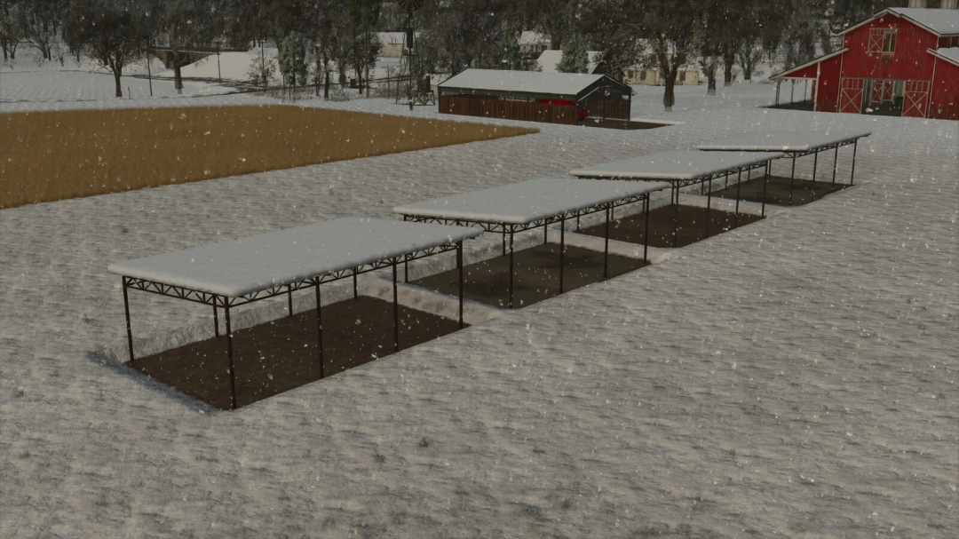 Snow-covered sheds in a winter field from Shed Package mod in FS25.