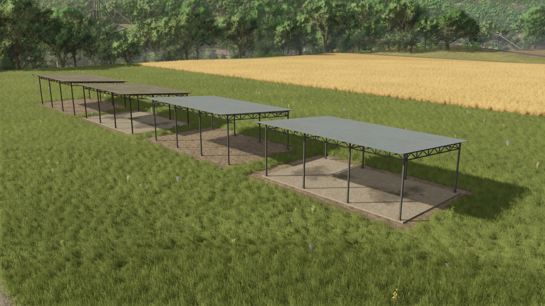 Multiple sheds from Shed Package v1.0.0.0 mod in FS25, shown on a grassy field with trees in the background.