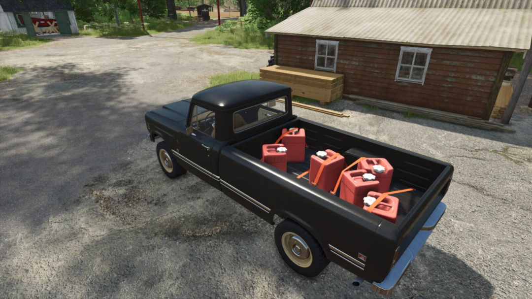 FS25 Silage Additive Drum mod showing red containers in a black truck bed.