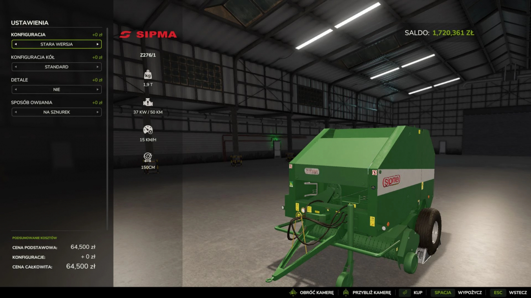 FS25 mod Sipma Z276 in a virtual garage, showing settings menu with configuration options in Farming Simulator 25.