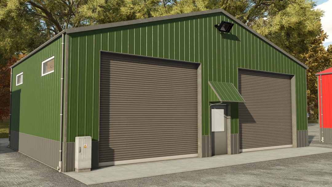 Green small hall in FS25 mod, Farming Simulator 25 building with large garage doors.