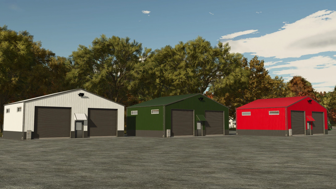 FS25 Small Hall mod v1.0.0.0 showing three storage buildings in white, green, and red.