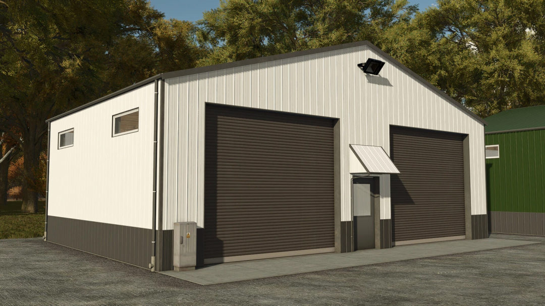 Small Hall mod for FS25, featuring a white metal garage with two large brown doors, situated in a rural setting.