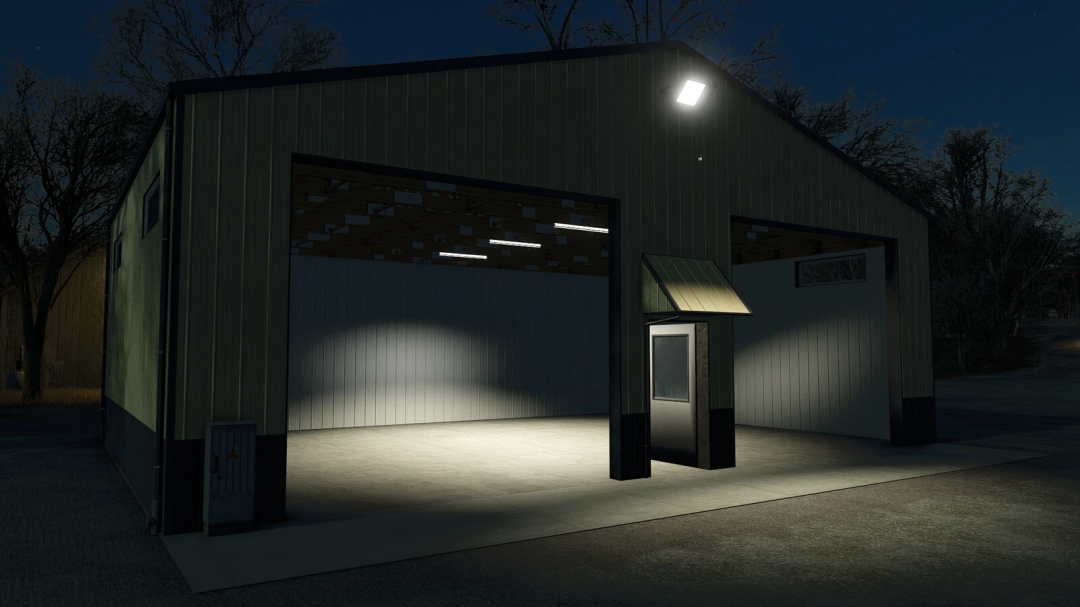 FS25 mod Small Hall v1.0.0.0 illuminated at night, showcasing a spacious interior and modern design in Farming Simulator 25.