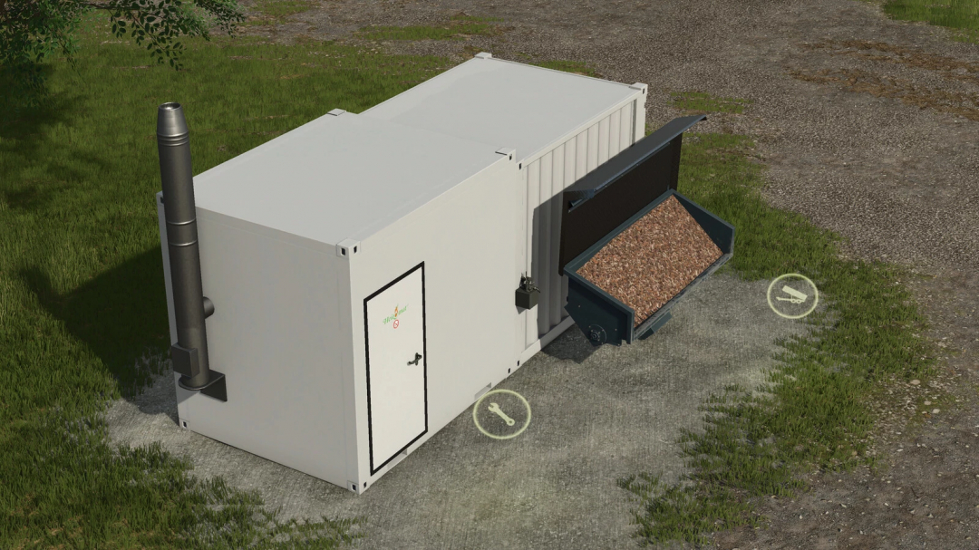 Small Heating Plant mod for FS25 showing a container unit with a hopper filled with wood chips.