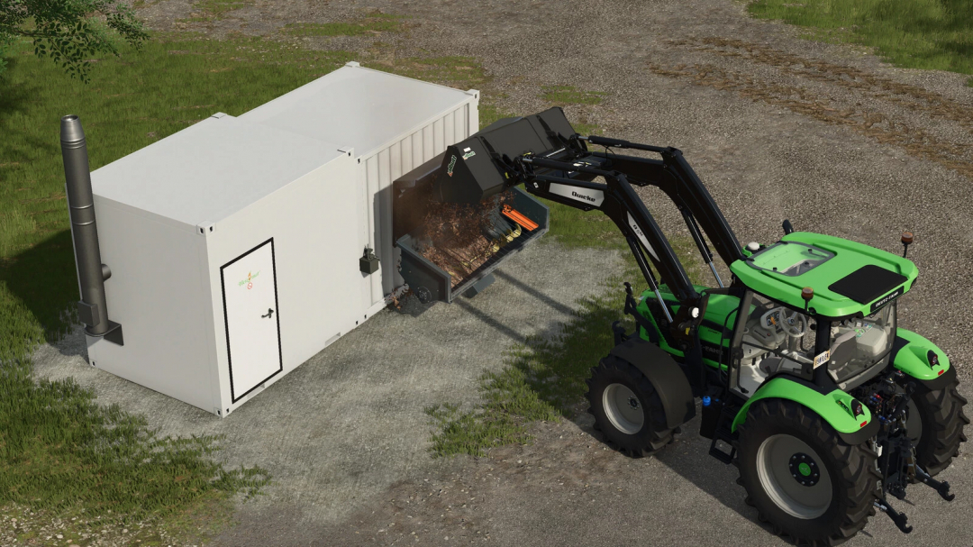 FS25 mod Small Heating Plant v1.0.0.0 depicts a tractor loading biomass into a compact heating unit on a farm.