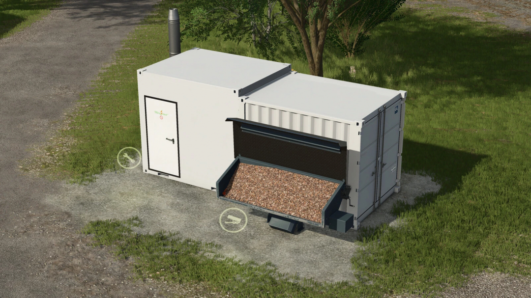 Small Heating Plant mod in FS25 with open woodchip loading bay.