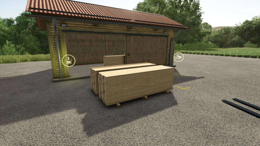 Small Pallet Storage mod for Farming Simulator 25 showing wooden pallets and a storage shed.