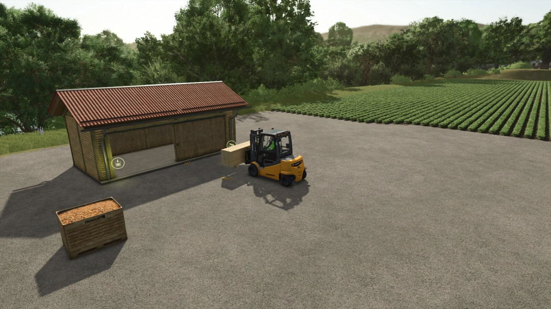 Forklift transporting pallets near a wooden storage building in FS25 Small Pallet Storage mod.