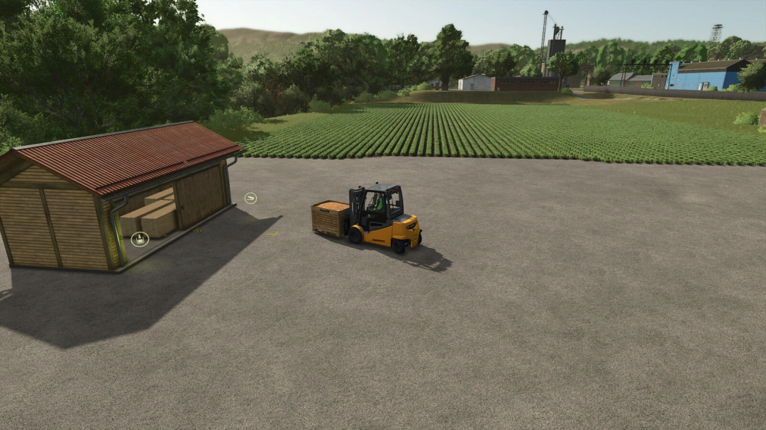 FS25 mod Small Pallet Storage v1.0.0.0 with forklift moving pallets in a farming landscape.