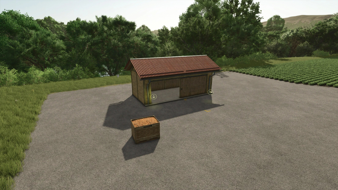 FS25 mod Small Pallet Storage v1.0.0.0 featuring a wooden shed with a red roof and empty container on asphalt, surrounded by greenery.