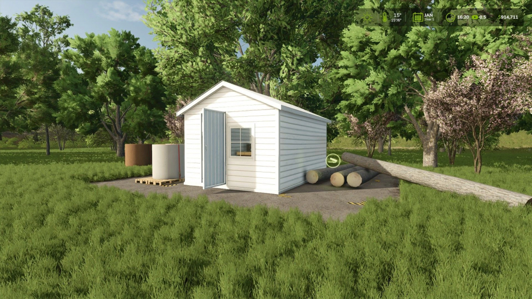 FS25 Small Paper Factory mod showing a white shed with paper rolls and logs in a grassy area.