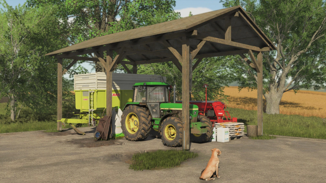 FS25 mod Small Shed v1.0.0.0 with tractor and equipment, set in lush farm environment, dog sitting nearby.