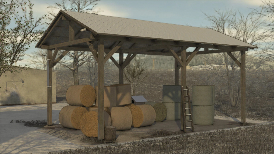 FS25 mods: Small Shed v1.0.0.0 with hay bales and ladder, Farming Simulator 25.