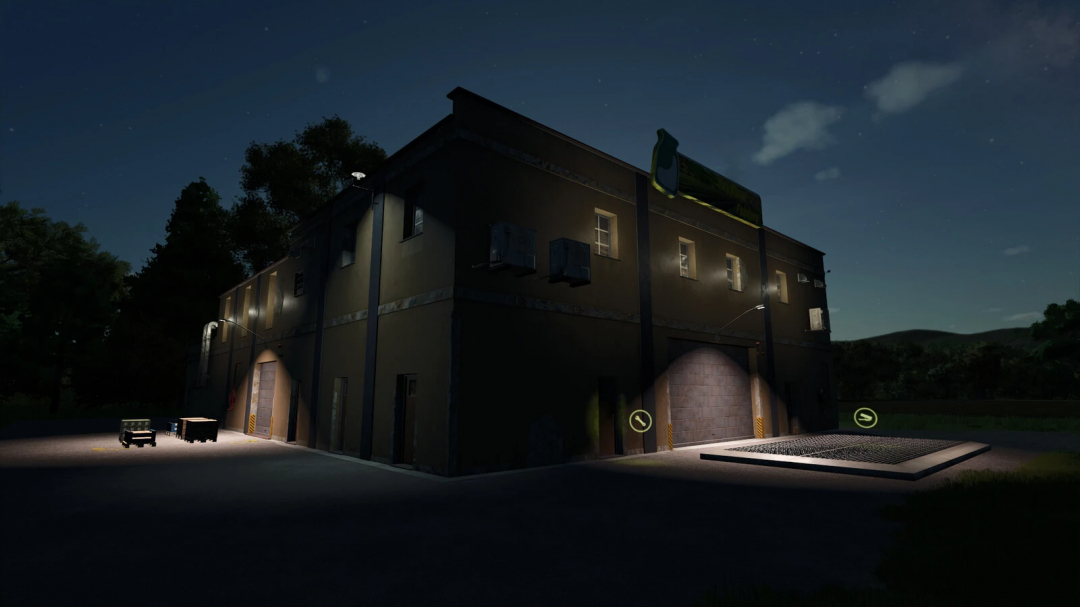 Soybean Factory at night in FS25 mods, featuring a large industrial building with exterior lights and machinery.