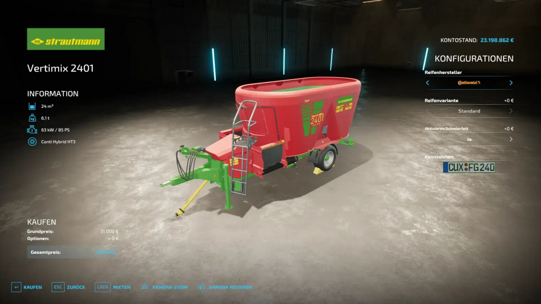 FS22 mod Strautmann Vertimix 2401 v1.0.0.0 in Farming Simulator 22, showcasing a red feed mixer trailer in configuration menu.