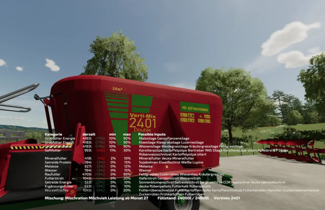 FS22 mod Strautmann Vertimix 2401 displayed in Farming Simulator 22, with detailed input information on a sunny farm setting.