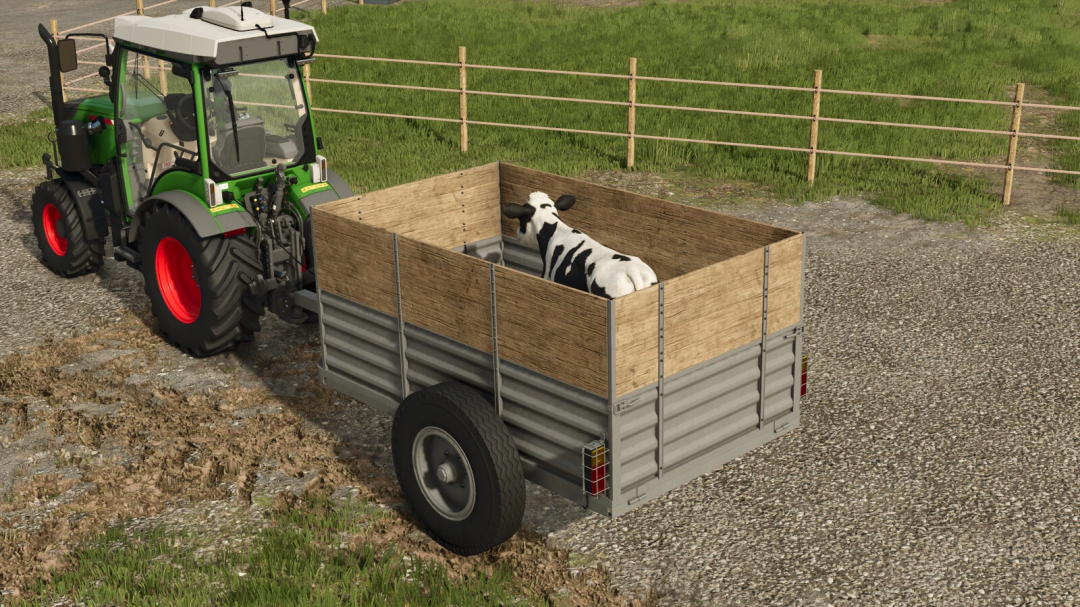 Two Wheel Trailer mod in FS25 transports a cow on a farm path.