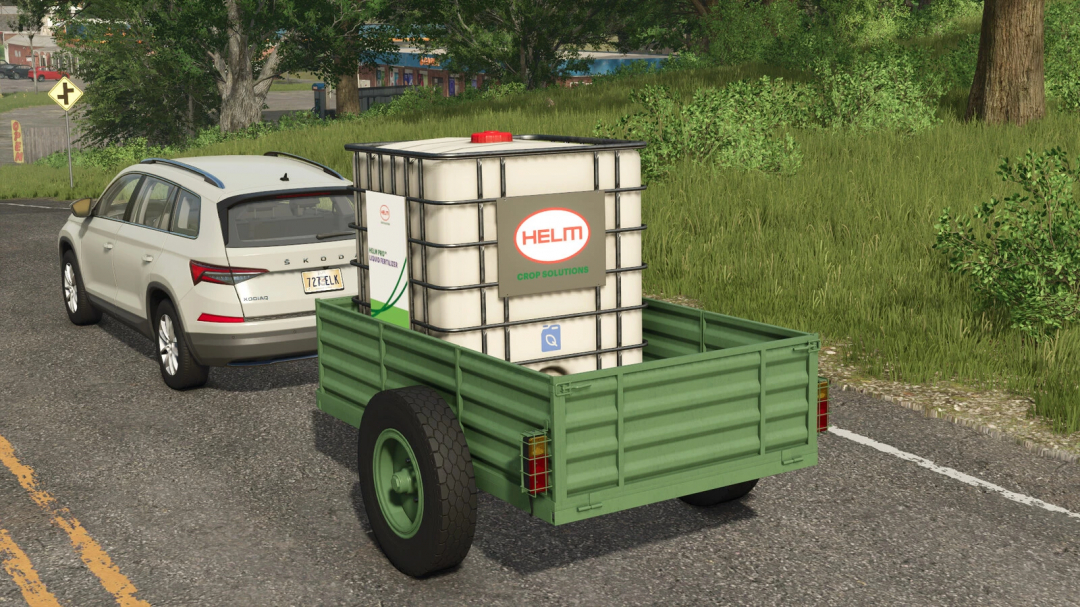 FS25 mod Two Wheel Trailer v1.0.0.0 carrying a liquid fertilizer container hitched to a car on a rural road.