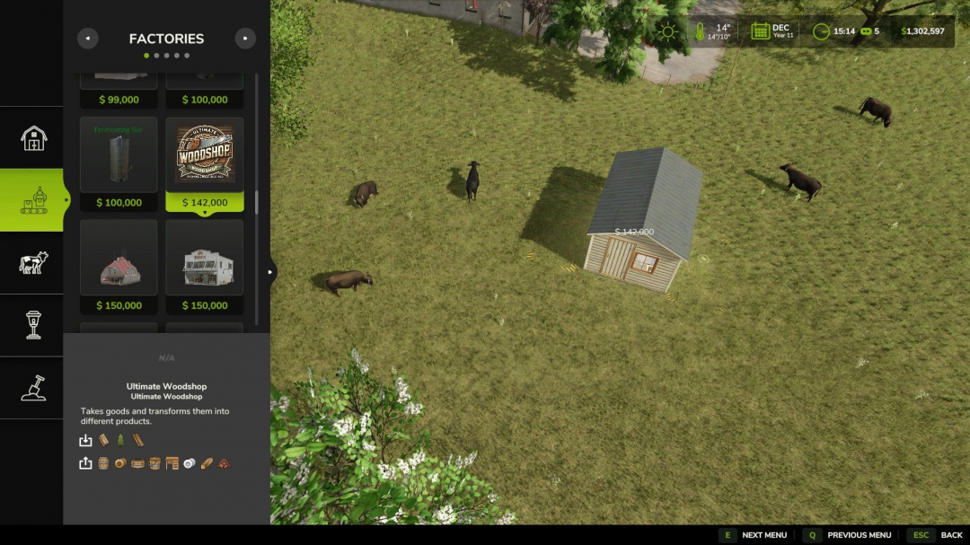 FS25 mod Ultimate Woodshop shown in a field with grazing animals and factory menu.