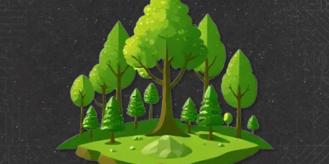 Illustration of a variety of trees on a patch of land, representing the Unlimited Tree Planting mod in Farming Simulator 25.